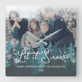 雪を降らせる |雪の松の木のクリスマスフォト スクエア壁時計