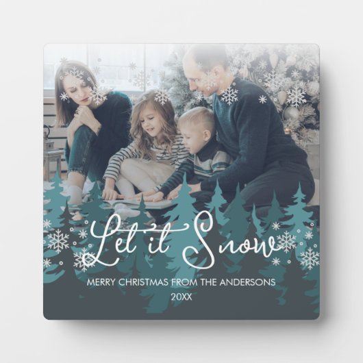 雪を降らせる |雪の松の木のクリスマスフォト フォトプラーク (正面)