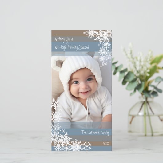 雪を降らせる – 雪片が入った縦写真 シーズンカード (スタンド正面)