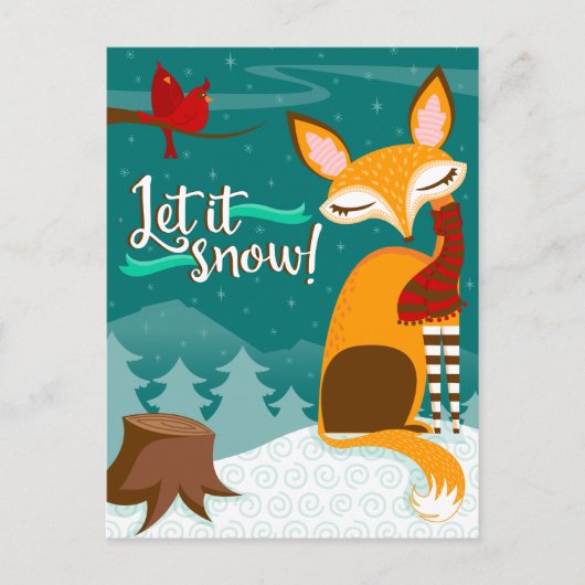 雪を降らせろ！キツネと深紅色ホリデーポストカード シーズンポストカード (正面)
