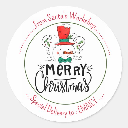 雪を降らせろ。ハッピー雪だるま顔 ラウンドシール (正面)