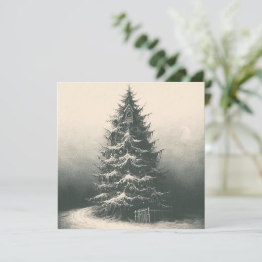 雪エッチングのintaglioのヴィンテージクリスマスツリー カード (スタンド正面)
