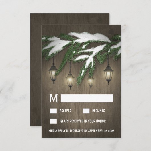 雪エバ素朴ーグリーンランタンウェディングRSVPカード 出欠カード (正面/裏面)
