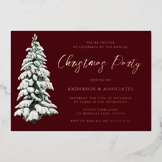 雪エレガントのクリスマスツリーのクリスマスパーティー金ゴールド 箔招待状 (正面)