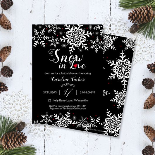 雪エレガントのラブウィンターブラックブライダルシャワー 招待状