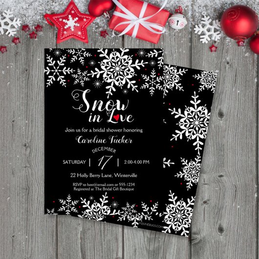 雪エレガントのラブウィンターブラックブライダルシャワー 招待状