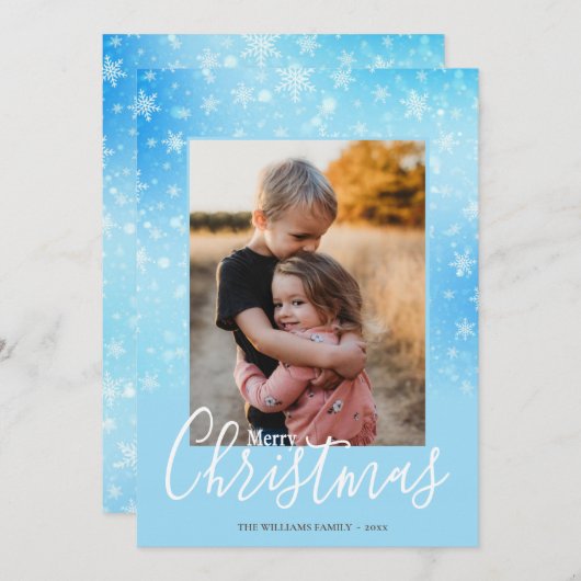 雪エレガントの冬のブルーメリークリスマスフォト シーズンカード (正面/裏面)