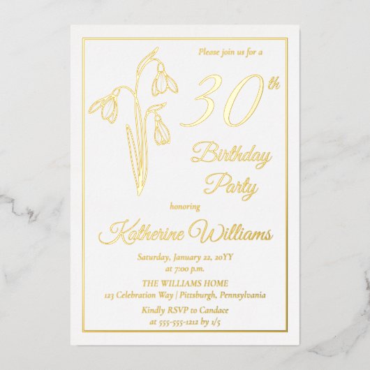 雪エレガント滴30歳の誕生日パーティースタンプ 箔招待状 (正面)