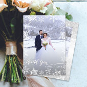 雪エレガント片とスクリプト2フォトウィンターウェディング サンキューカード
