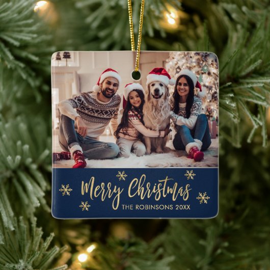 雪エレガント片の海軍と金ゴールド写真クリスマス セラミックオーナメント (ツリー)