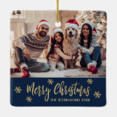 雪エレガント片の海軍と金ゴールド写真クリスマス セラミックオーナメント (裏面)