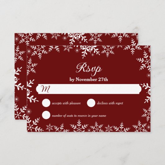 雪エレガント片の赤いクリスマス冬の結婚式 出欠カード (正面/裏面)