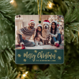 雪エレガント片グリーンと金ゴールド写真クリスマス セラミックオーナメント