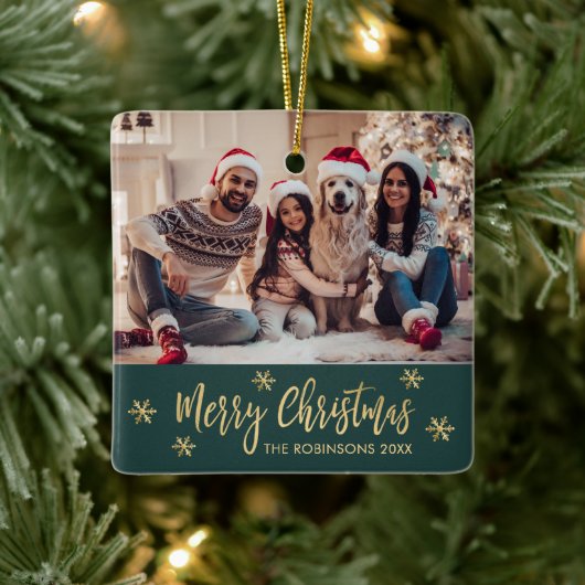 雪エレガント片グリーンと金ゴールド写真クリスマス セラミックオーナメント (ツリー)