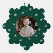 雪エレガント片グリーン2フォトホリデー オーナメントカード (裏面)