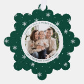 雪エレガント片グリーン2フォトホリデー オーナメントカード (正面)