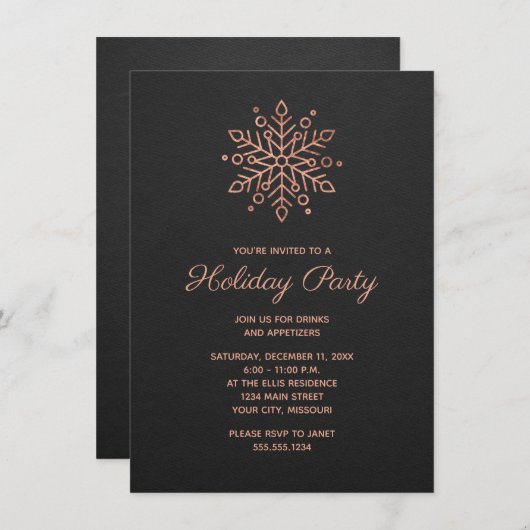 雪エレガント片バラ金ゴールドクリスマスパーティー 招待状 (正面/裏面)