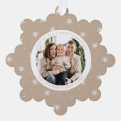 雪エレガント片ベージュ2フォトホリデー オーナメントカード (正面)