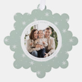雪エレガント片ミントグリーン2フォトホリデー オーナメントカード (正面)