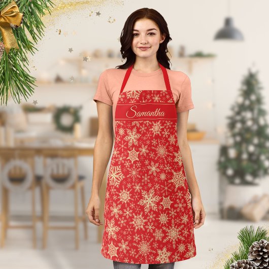 雪エレガント片モノグラムの赤クリスマス エプロン