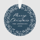 雪エレガント片リースネイビーのクリスマスフォト オーナメント (正面)