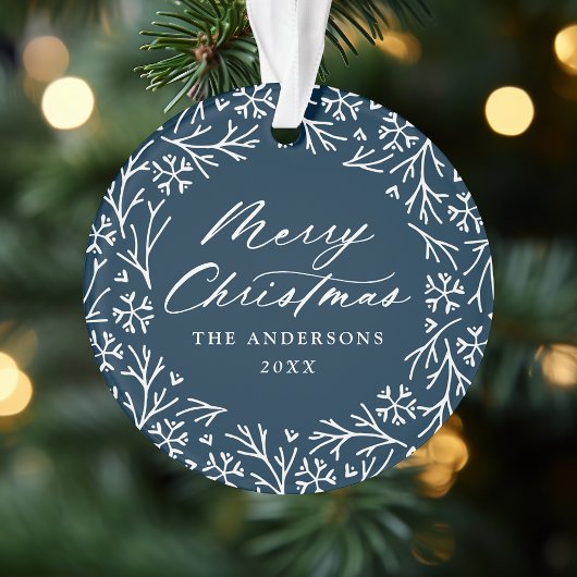雪エレガント片リースネイビーのクリスマスフォト オーナメント