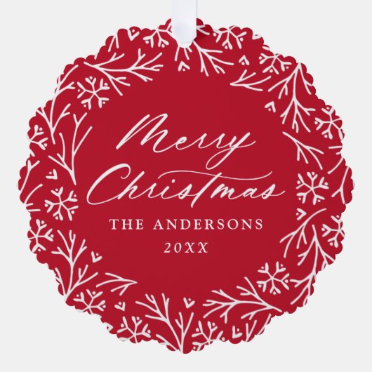 雪エレガント片リースレッドフォトクリスマス オーナメントカード (正面)