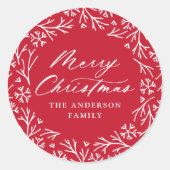 雪エレガント片リースレッドメリークリスマス ラウンドシール (正面)