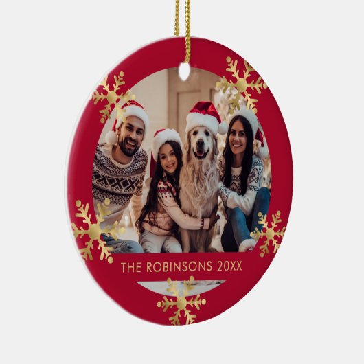 雪エレガント片レッドと金ゴールド写真クリスマス セラミックオーナメント (右)