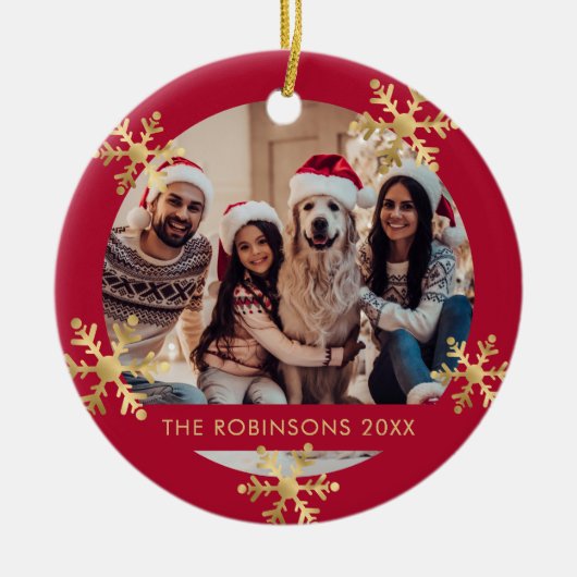 雪エレガント片レッドと金ゴールド写真クリスマス セラミックオーナメント (正面)