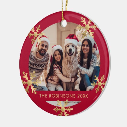 雪エレガント片レッドと金ゴールド写真クリスマス セラミックオーナメント (左)