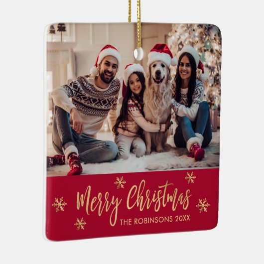 雪エレガント片レッドと金ゴールド写真クリスマス セラミックオーナメント (右)