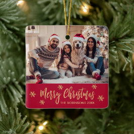 雪エレガント片レッドと金ゴールド写真クリスマス セラミックオーナメント