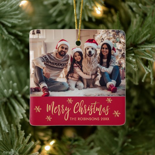 雪エレガント片レッドと金ゴールド写真クリスマス セラミックオーナメント (ツリー)