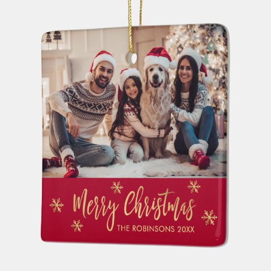 雪エレガント片レッドと金ゴールド写真クリスマス セラミックオーナメント (左)