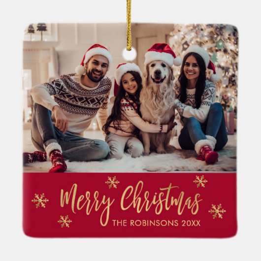 雪エレガント片レッドと金ゴールド写真クリスマス セラミックオーナメント (裏面)