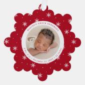 雪エレガント片レッドベビーの初めてのクリスマス オーナメントカード (正面)