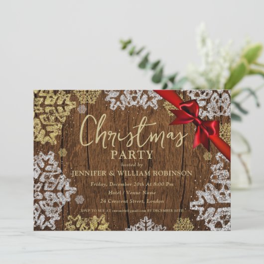 雪エレガント素朴片クリスマスホリデーパーティー 招待状 (スタンド正面)