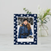 雪エレガント結晶フォトネイビーとシルバー 箔シーズンポストカード (立ち正面)