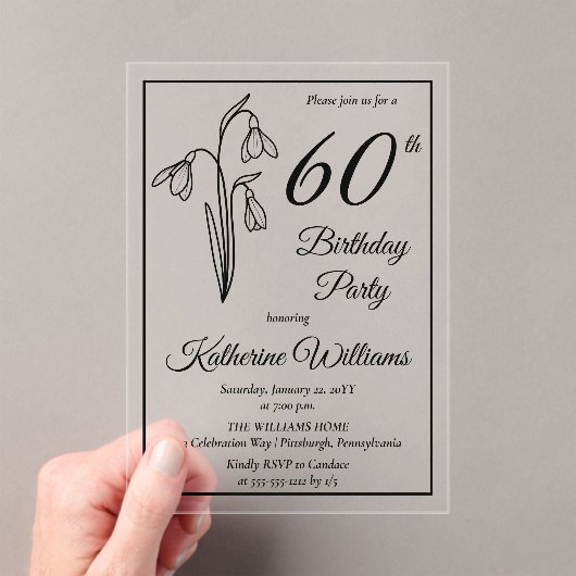 雪エレガント降60歳の誕生日パーティー アクリル招待状 (インサイチュ (ポータブル))