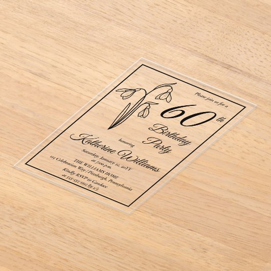 雪エレガント降60歳の誕生日パーティー アクリル招待状 (レイダウン)