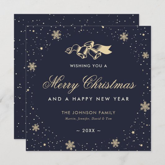 雪エレガント雪の青いクリスマスベル シーズンカード (正面/裏面)