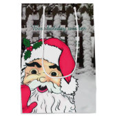 雪カスタムの柵の上のサンタクロース ミディアムペーパーバッグ (裏面)