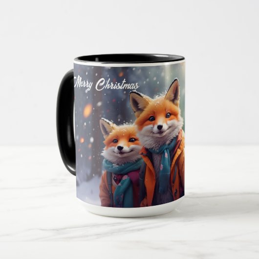 雪カスタムの森の中でクリスマスのマグカップかわいいキツネ マグカップ (正面左)