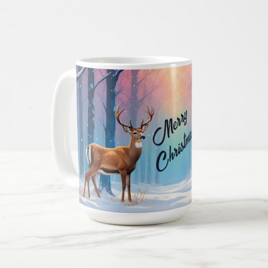 雪カスタムの森の中の文字クリスマスのマグ鹿 コーヒーマグカップ (正面左)