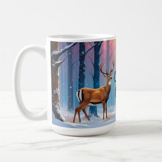 雪カスタムの森の中の文字クリスマスのマグ鹿 コーヒーマグカップ (左)