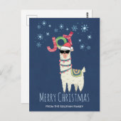 雪カッコいい片クリスマスとサンタハットのラマ ポストカード (正面/裏面)