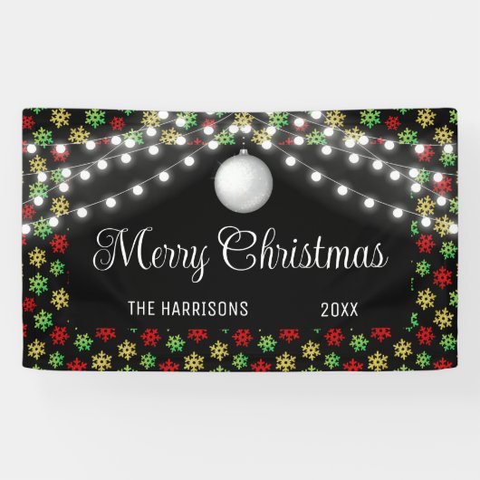 雪カラフル片ストリングライトブラッククリスマス 横断幕 (横)