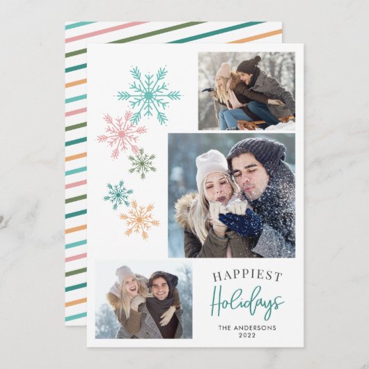 雪カラフル片フォトティール（緑がかった色）最高の休日 シーズンカード (正面/裏面)