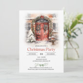 雪クラシックの付いた水の色クリスマスの赤いドア 招待状 (スタンド正面)